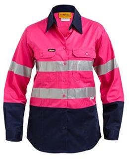 Bisley Ladies Drill Shirt 155gsm Long Sleeve with reflective tape